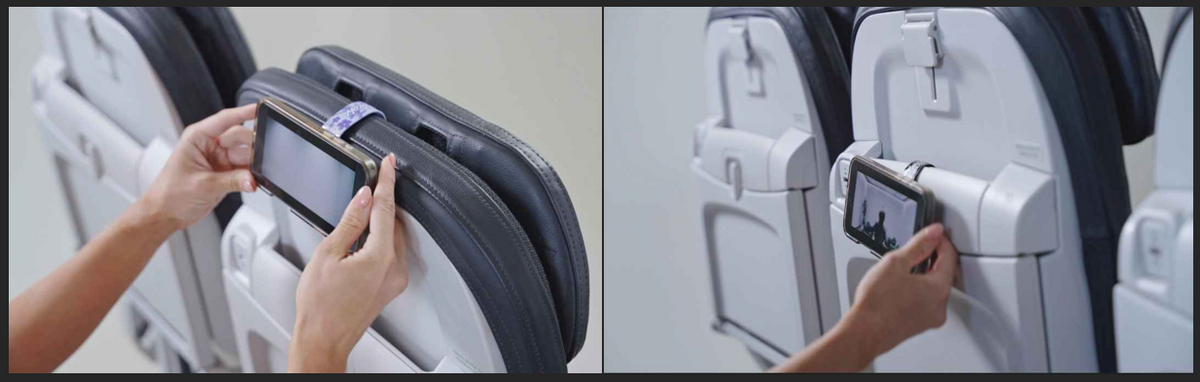 A person showing how to use Mo'Bettah Band on a flight seat in two different ways