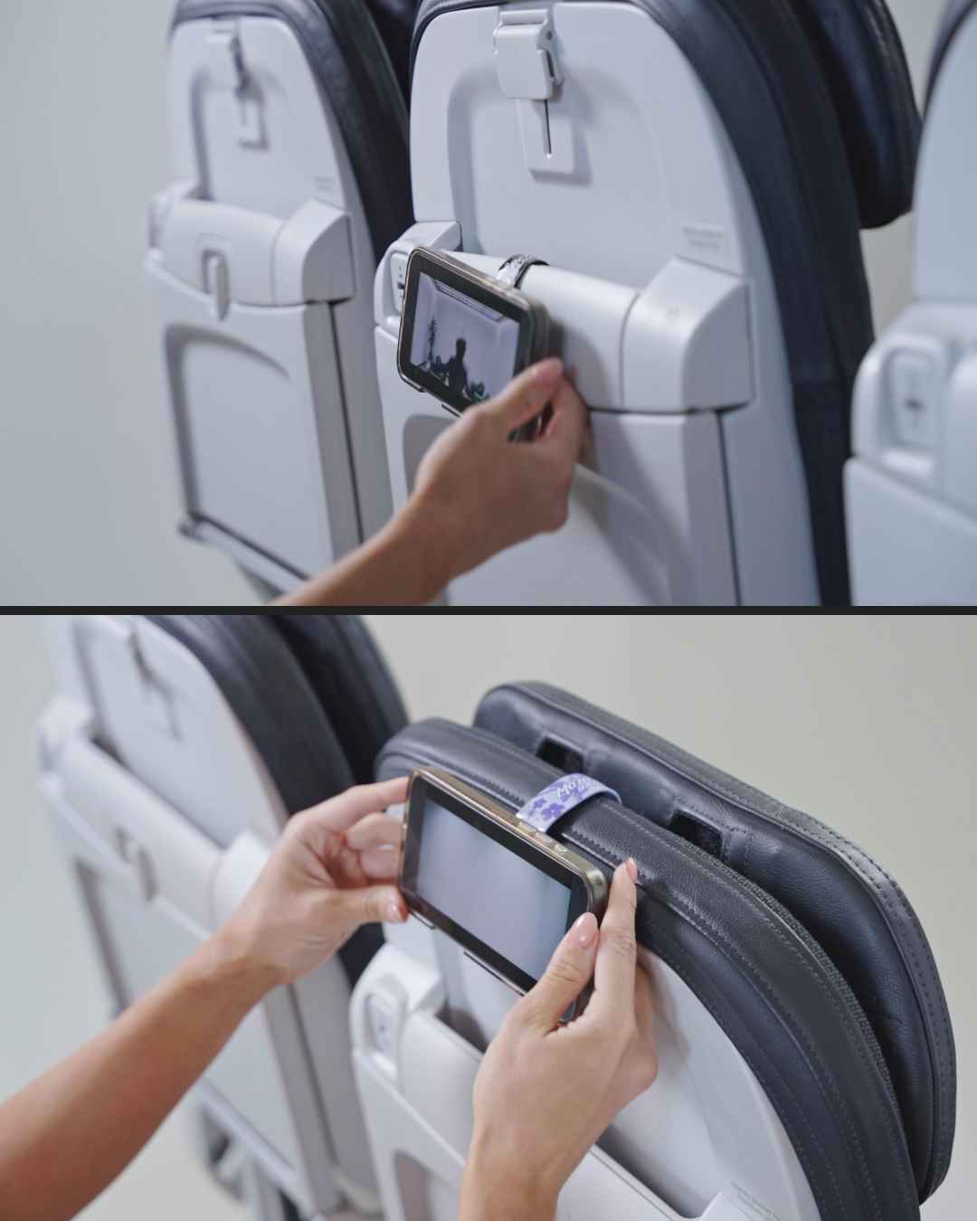 A person showing how to use Mo' Bettah Band on a flight seat in two different ways