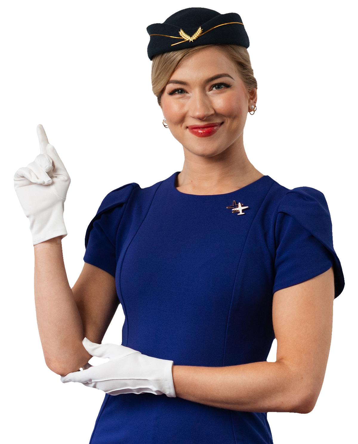 Air hostess in a blue uniform with a hat and white gloves, pointing upwards.