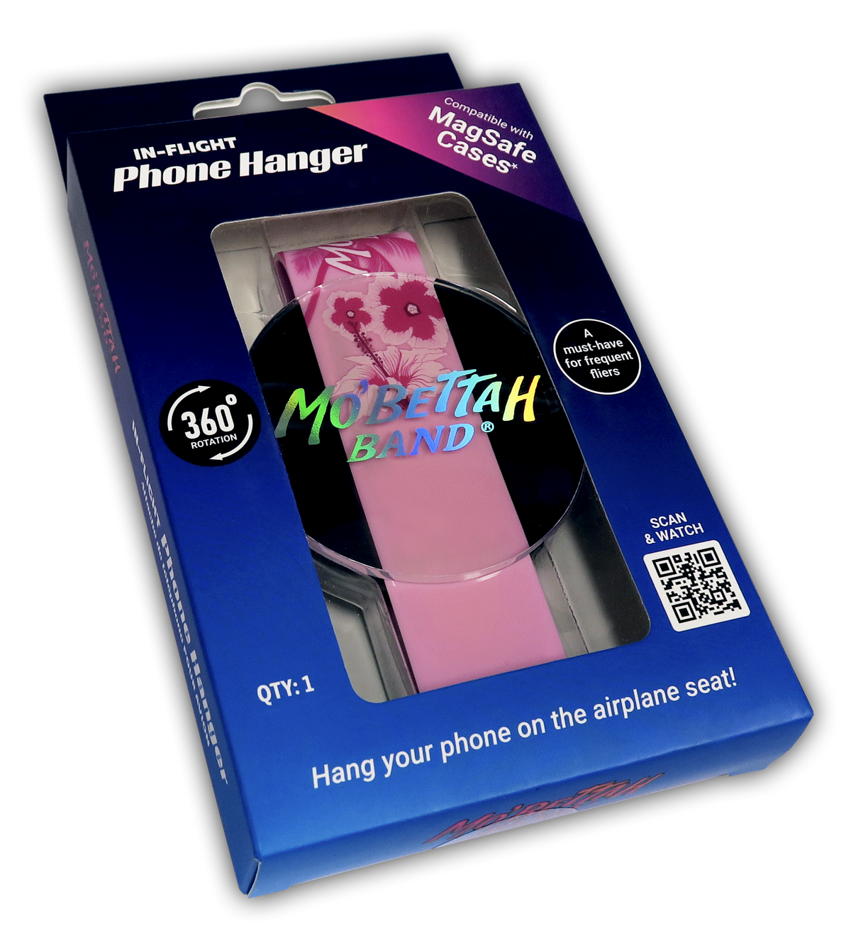 Mo'Bettah Band in-flight phone hanger packaging with pink band and branding details.